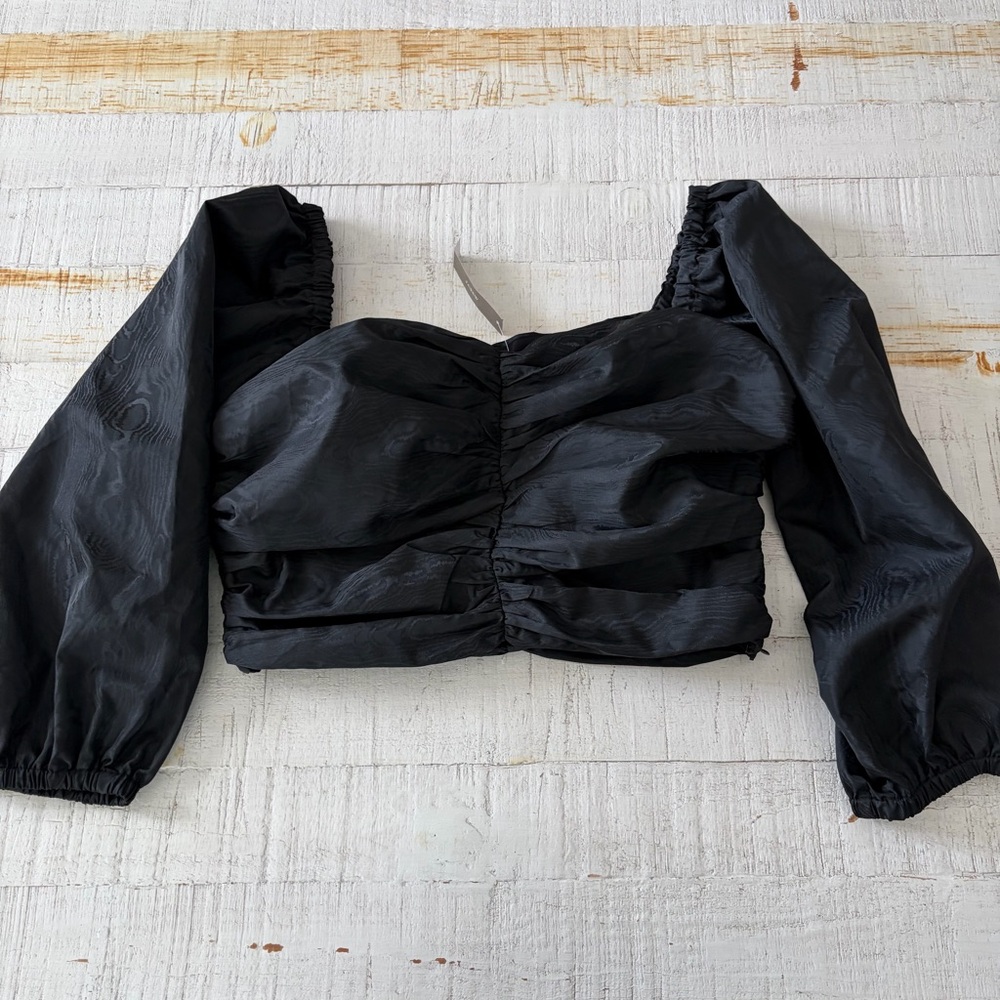 J.Crew NWT size 12 Ruched Puff Sleeve Cropped Top Black Long Sleeve Off Shoulder - Picture 3 of 13
